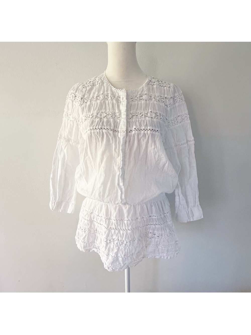 Boston Proper Women Cotton Crochet Button Front Peplum Top Small Boho Casual